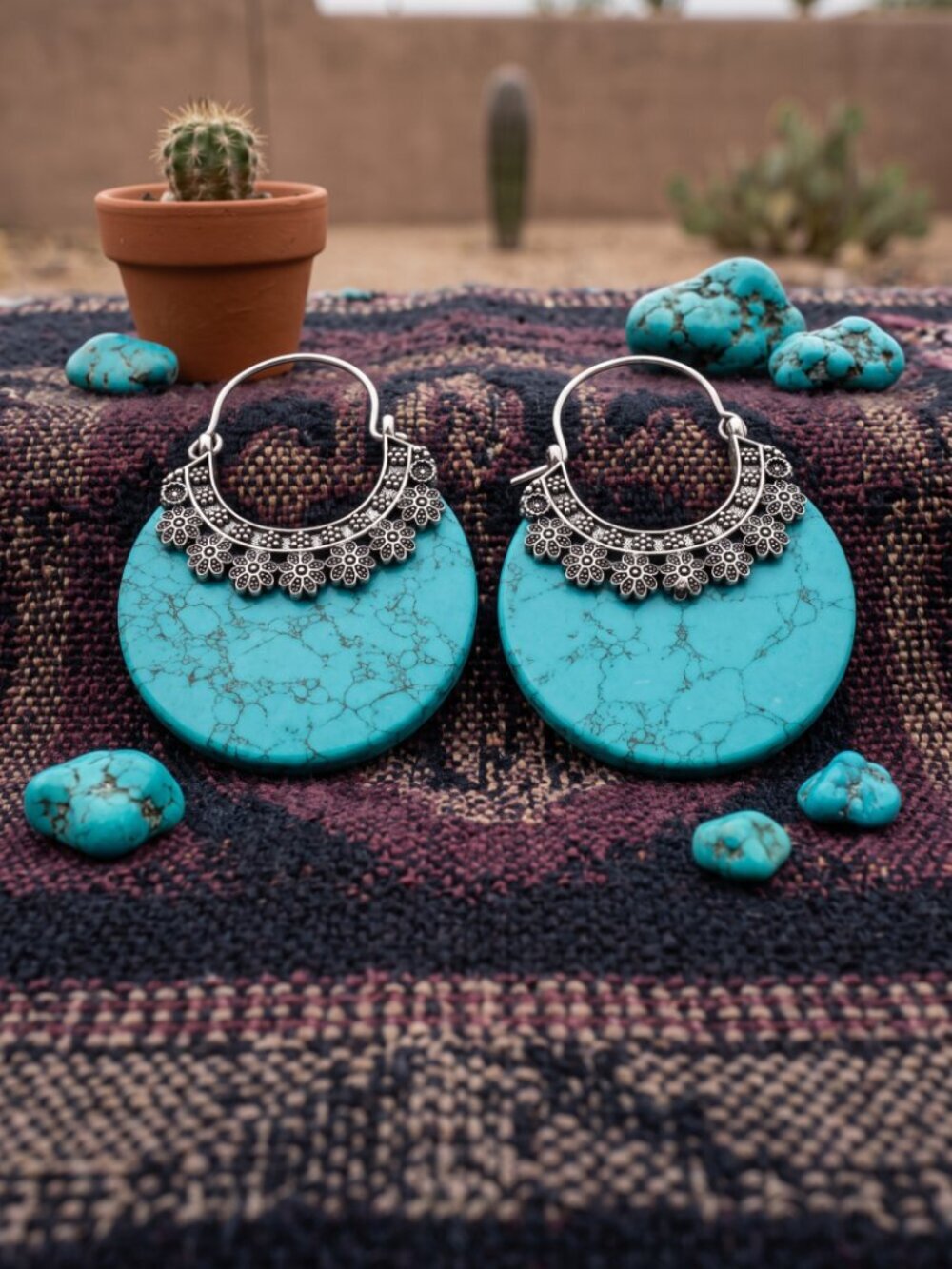Turquoise Stone Crescent Hoop Earrings 925 Silver Plated Southwestern Artisan 2" - Picture 16 of 16